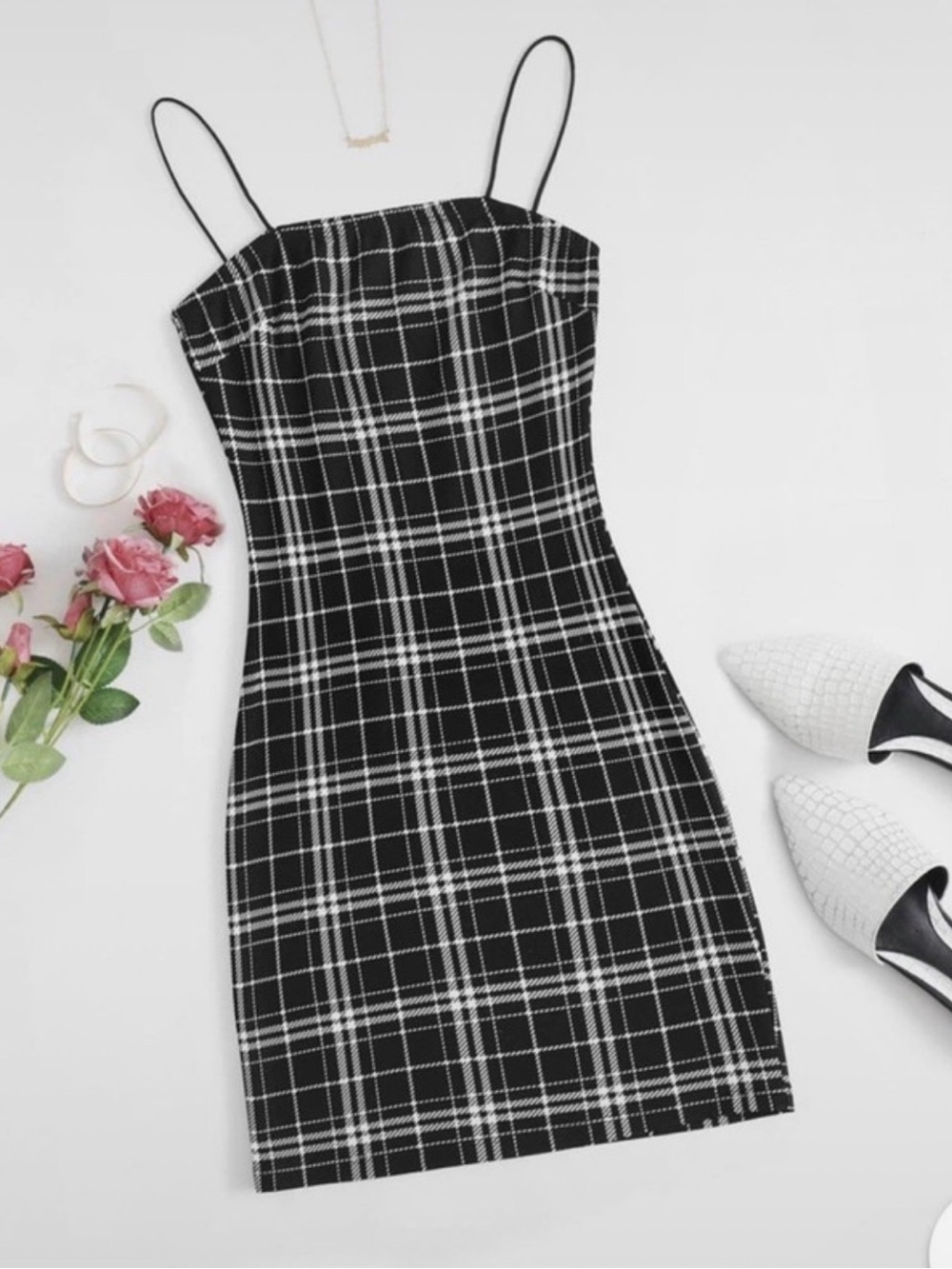 Black & White Plaid Spaghetti Strap Dress